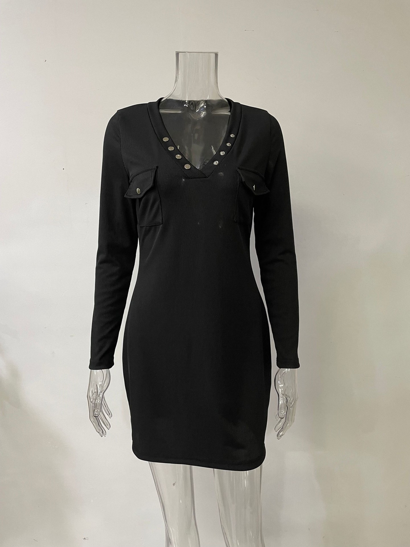 Robe côtelée tricotée décontractée pour femmes, manches longues, jupe portefeuille à la taille avec boutons sur les hanches_voghion.com