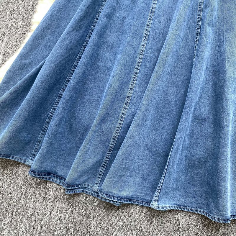 Abito in denim monopetto con scollo a V, lunghezza al ginocchio, stile retrò, da donna_voghion.com