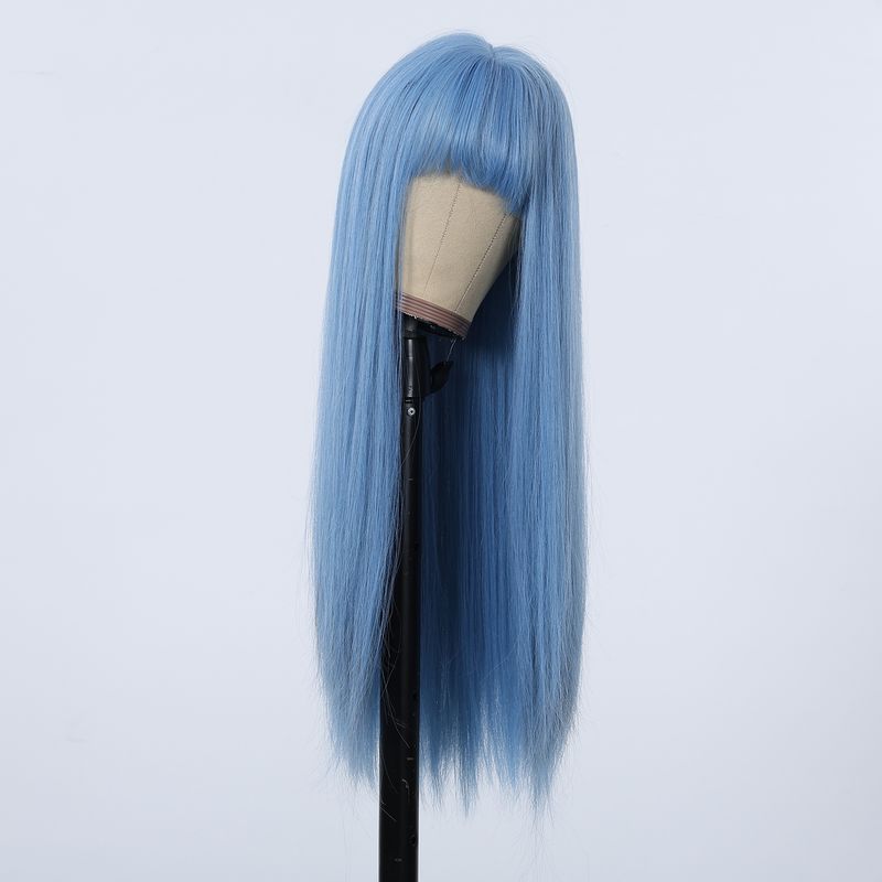 Parrucca sintetica lunga e dritta, azzurra con riflessi cenere, parrucca cosplay con frangia per donna, capelli naturali, fibra resistente al calore_voghion.com