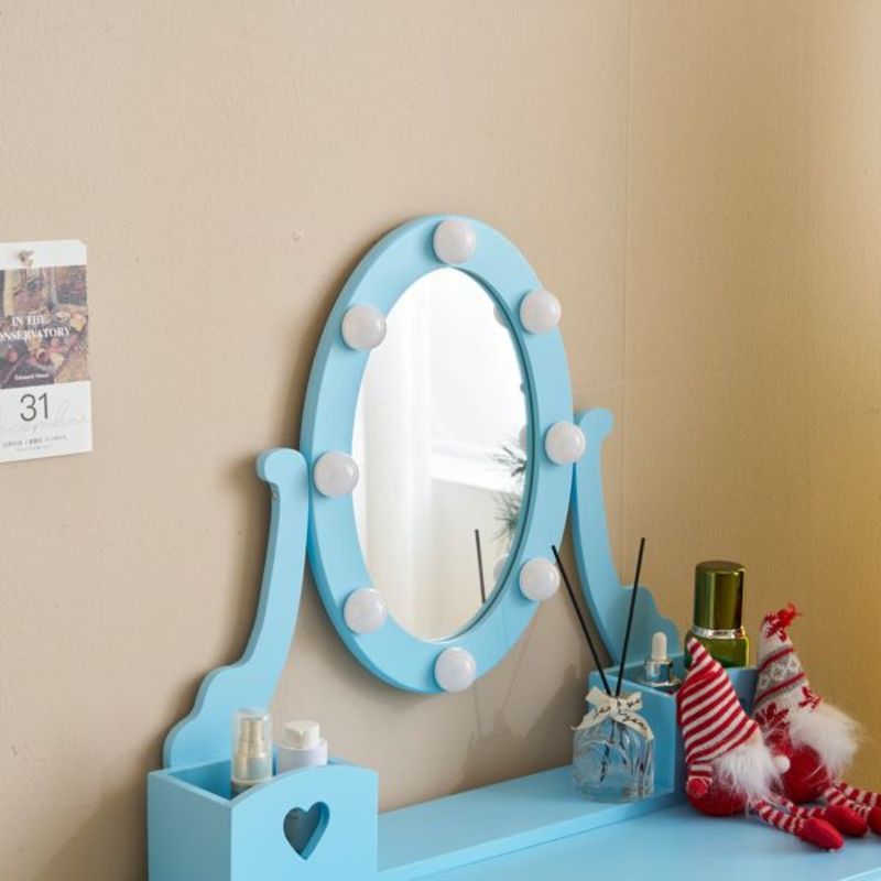 Set da toeletta Play Lights con sgabello contenitore, sgabello da toeletta, scrivania con cassetti, 5 cassetti, specchio e trucco_voghion.com
