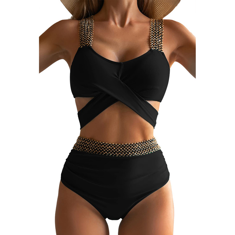 Women's backless high waist swimsuit covers the belly with gold elastic_voghion.com