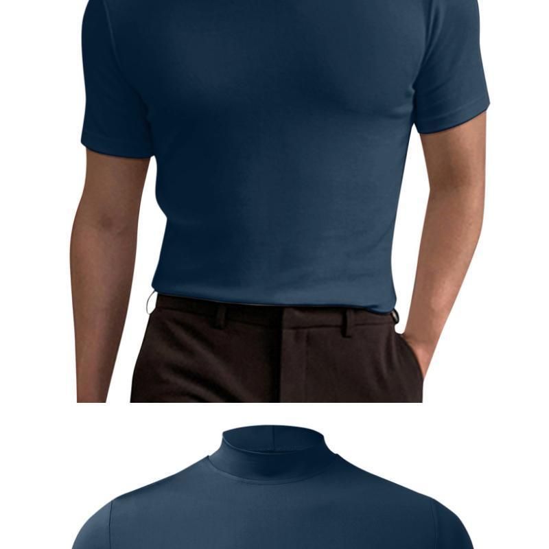 2024 Herbst Winter Stehkragen Kurzarm T-Shirt Herren Basishemd Einfarbiges Oberteil_voghion.com