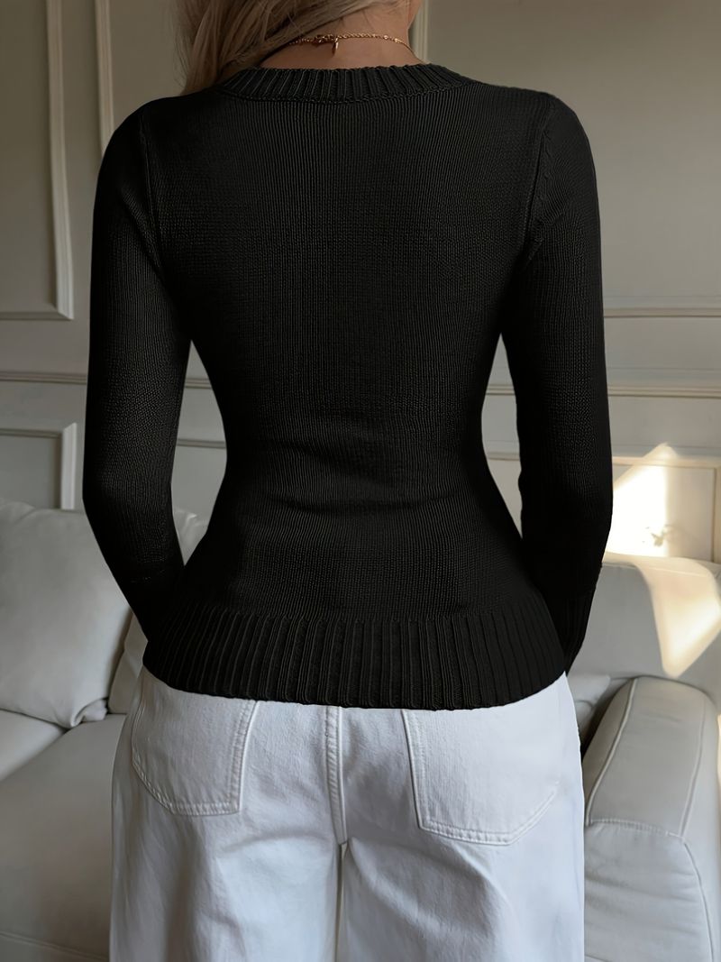 Pull élégant en maille à col en V pour femme - Pull en chenille douce avec broderies, chemisier ample à manches longues pour le printemps et l'automne._voghion.com