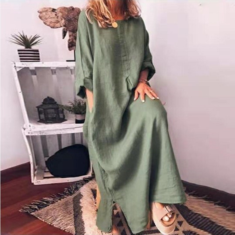 Damen-Kleid aus Baumwolle und Leinen, einfarbig, locker, langärmlig_voghion.com