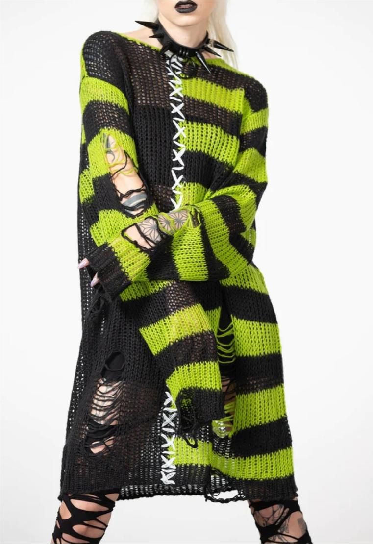 Halloween Punk Hole Long For Women's Fashion Loose Striped Contrasting Pullover Sweater_voghion.com