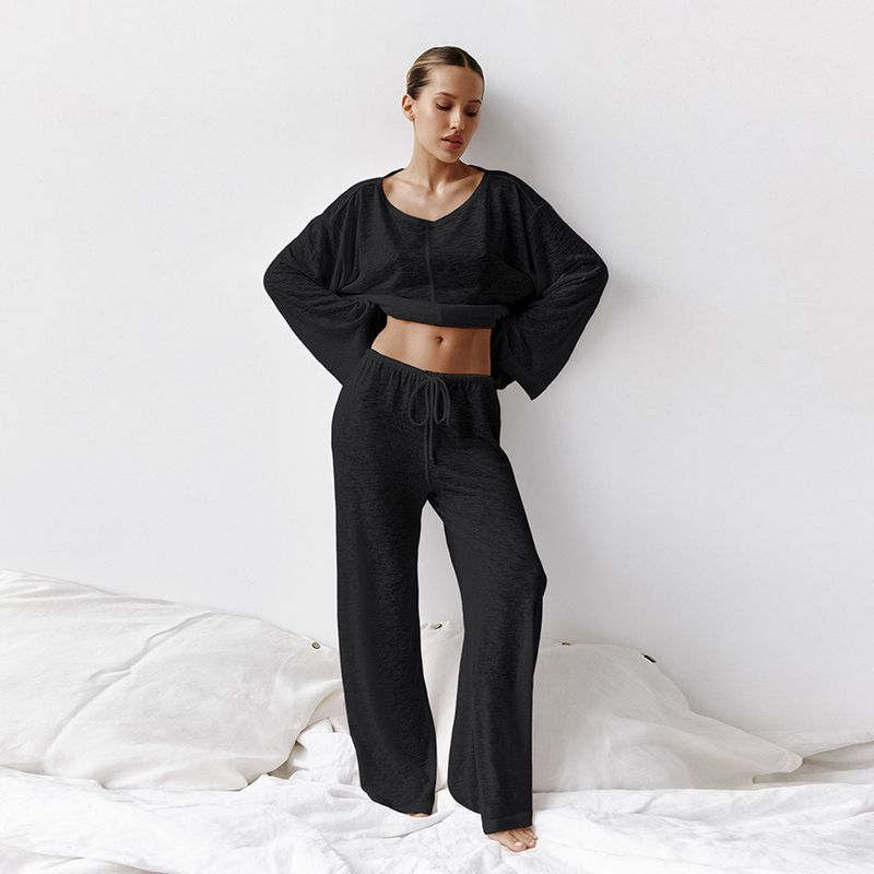 Women's sexy fashion knitted white round neck long sleeved pajamas trousers suit foreign trade soft skin friendly home clothes for women_voghion.com