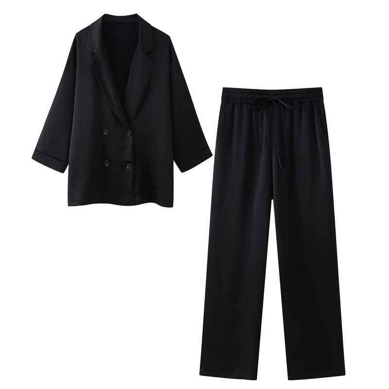 Roupas femininas estilo de rua com efeito amassado, blazer trespassado, calças com efeito amassado_voghion.com