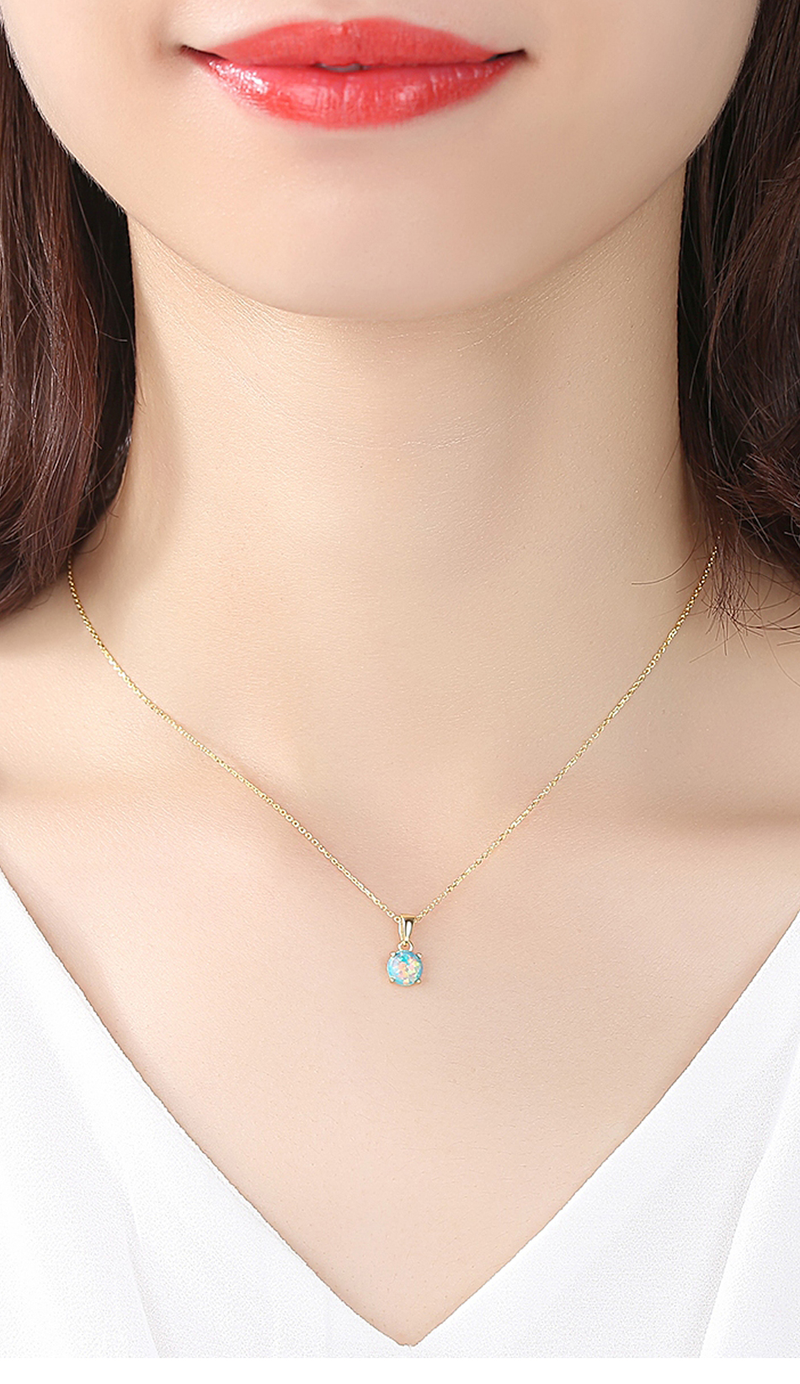 Azul verde redondo fuego ópalo cadena de plata esterlina colgante chapado en oro boda nupcial Navidad de lujo_voghion.com