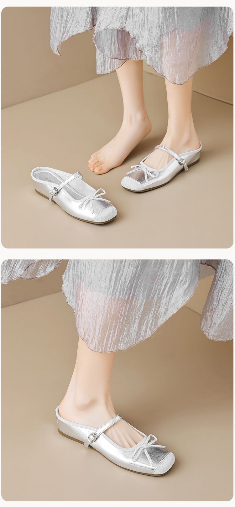 French Square Head Single Shoes Women's One-pedal Bow Thick Sole Inner Height Increase Shallow Mouth Grandma Shoes_voghion.com