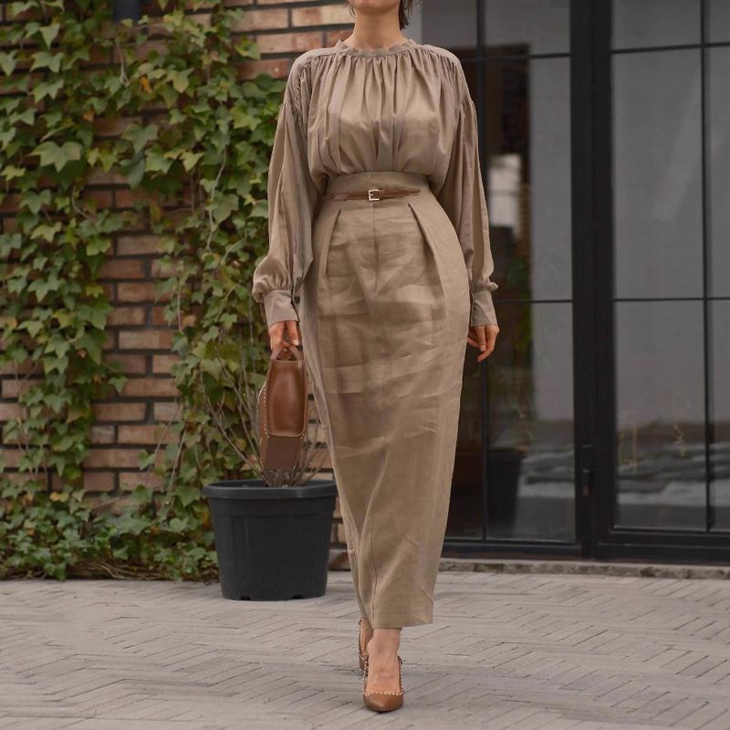 Elegant Long Sleeve Blouse With High-Slit Midi Skirt Set - Breathable Chiffon & Stretchable Fabric For Office & Casual Wear (S-XXL, Beige)_voghion.com