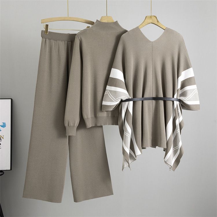 Women's Clothing Fashion Suit Spring And Autumn Loose Casual Knitted Shawl Cardigan Turtleneck Sweater Wide Leg Pants Three Piece Suit_voghion.com