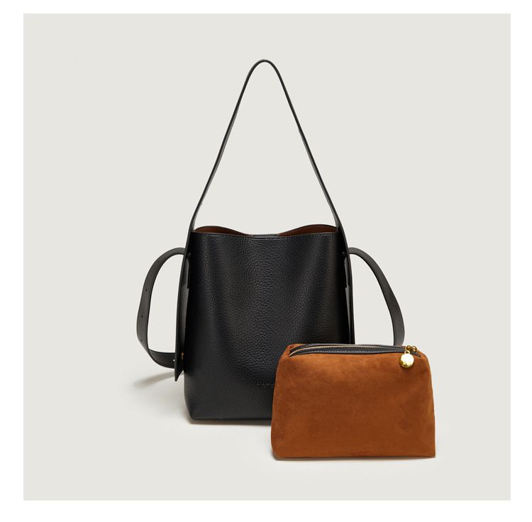 Lemon Koko Women's Bucket Bag – Large Capacity Stylish Shoulder Tote For Work & Travel, Vintage PU Handbag With Zipper Closure (Black/Taupe)_voghion.com