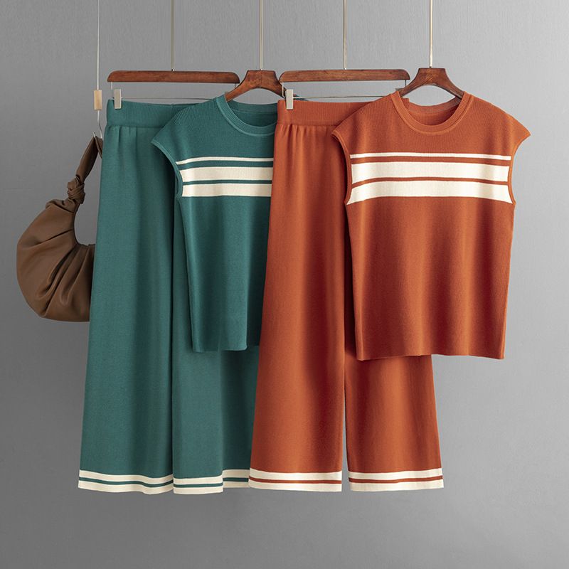 Abito casual da donna, top senza maniche a righe larghe a contrasto + pantaloni a gamba larga a vita alta, abito a due pezzi_voghion.com
