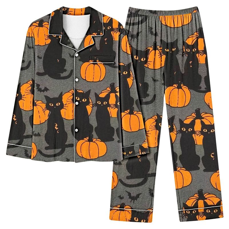 Individuelles Halloween-Pyjama-Set für Damen – Langarm-Button-Down-Oberteil und Lounge-Hose (atmungsaktives Polyester, leicht, XS-4XL, Heim- und Nachtwäsche)_voghion.com