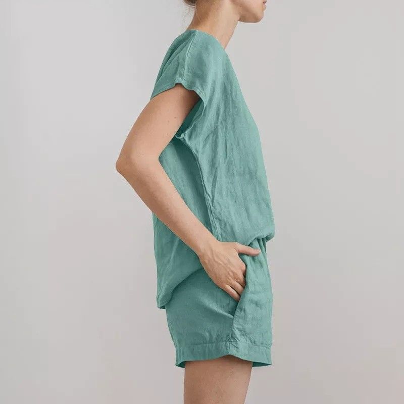 Tuta da donna con maniche corte, in cotone e lino, stile retrò, casual, tinta unita, con coulisse e pantaloncini._voghion.com