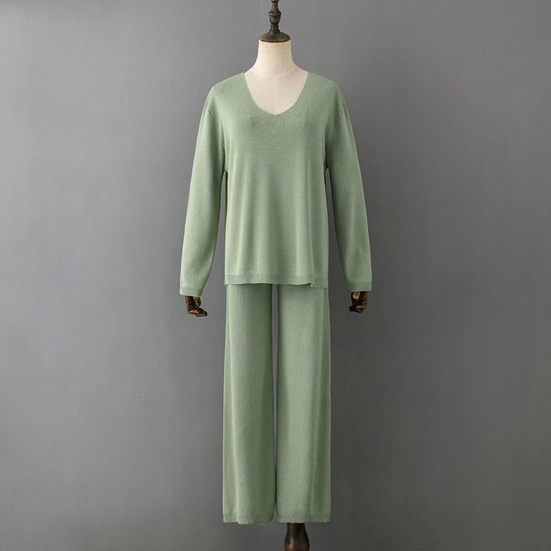 Set da donna in seta di ghiaccio tinta unita con scollo a V, set di due pezzi maglione casual sciolto a vita alta_voghion.com