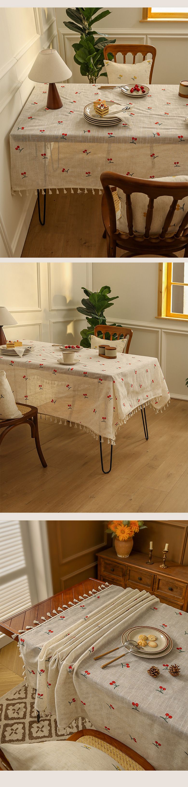 Leinentischdecke mit Stickerei – Bohemian-Dekor für Esstisch, Couchtisch und Bücherregal (hitzebeständig, maschinenwaschbar)_voghion.com