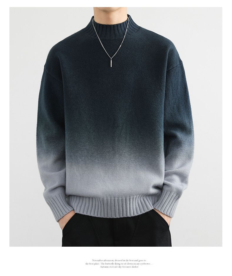 Herren-Strickpullover mit Ombré-Muster – Halbrollkragen, lockere Passform, Stretch-Polyestermischung (Armeegrün/Blaugrau/Beige/Dunkelgrün/Chinarot)_voghion.com