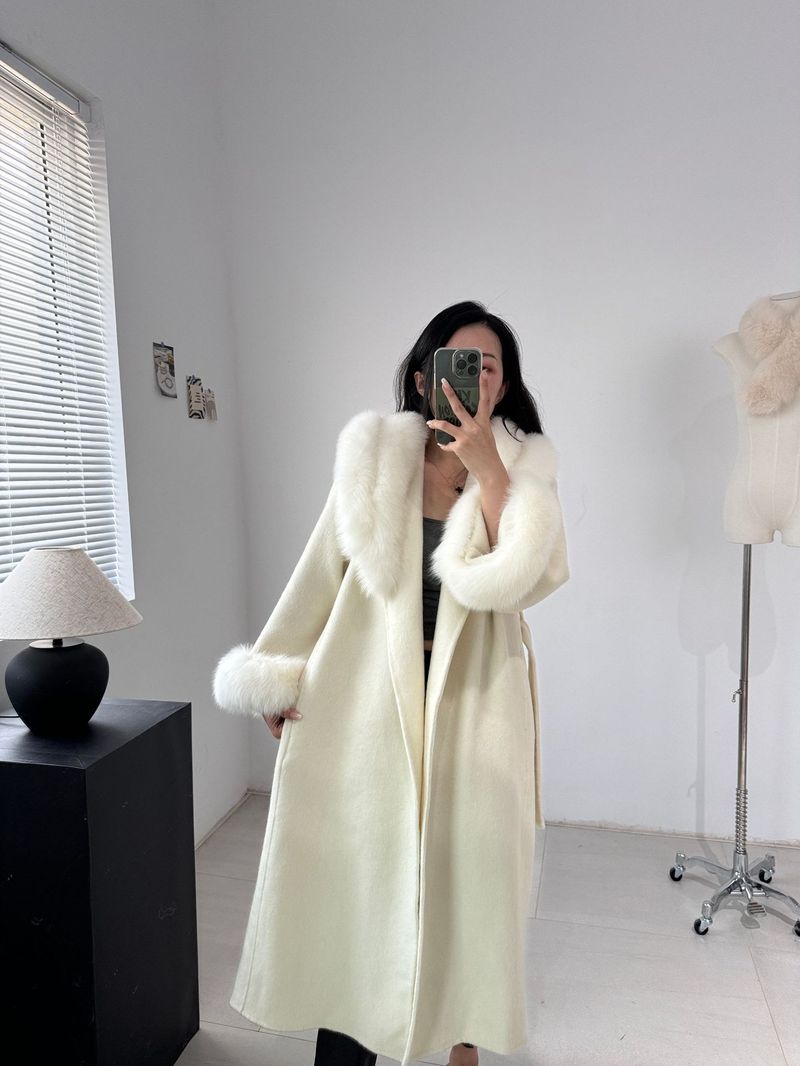 Damenbekleidung Luxuriöser doppelseitiger Wollmantel Langer Trenchcoat mit Gürtel und Fuchspelzbesatz für elegantes Pendeln_voghion.com