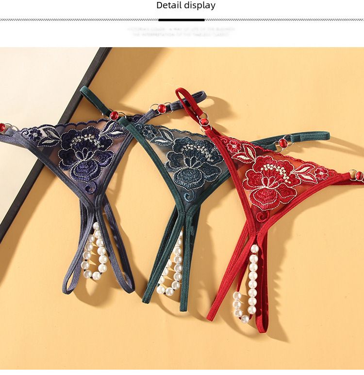 Svart stil förföriska diamantaccessoarer stringtrosa kvinnors genomskinliga broderade pärlor öppen gren gratis sexiga underkläder 2270_voghion.com