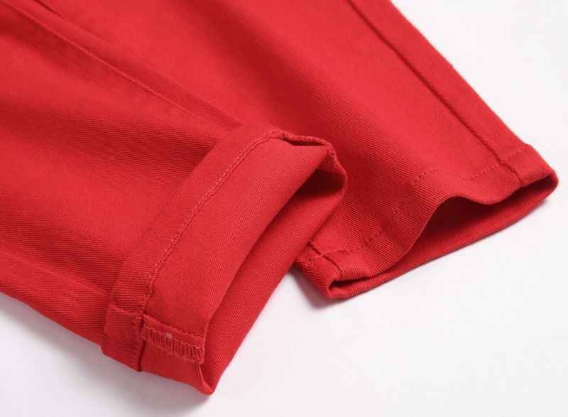 Pantalon droit déchiré taille moyenne élastique pour mère et enfant, jean décontracté en coton rouge taille moyenne_voghion.com