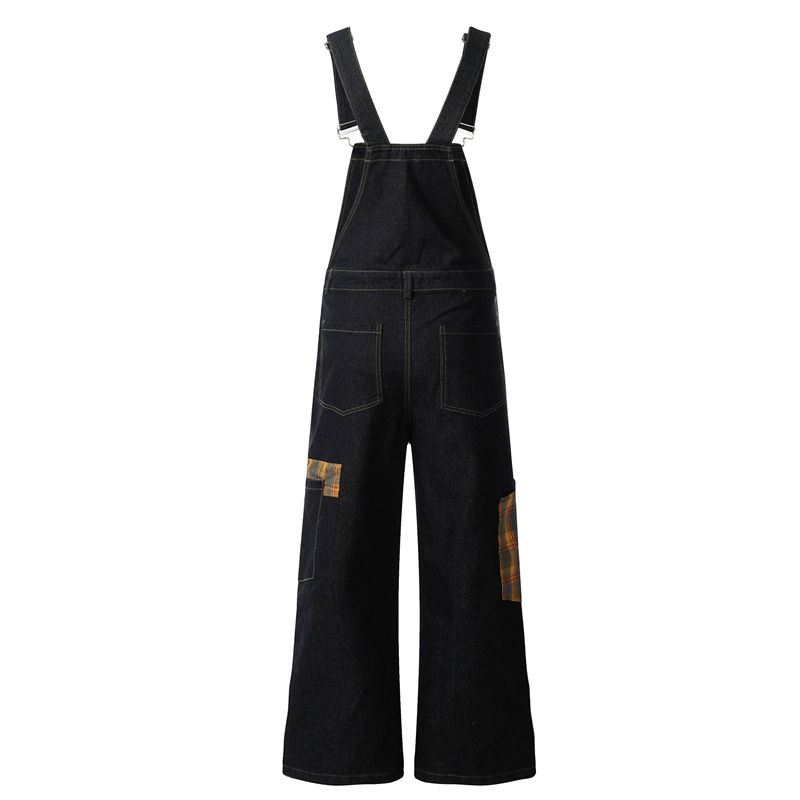 Men's Clothing Retro Niche Design Plaid Stitching Scimitar Jeans Men's And Women's Overalls Wide Leg Mopping Pants_voghion.com