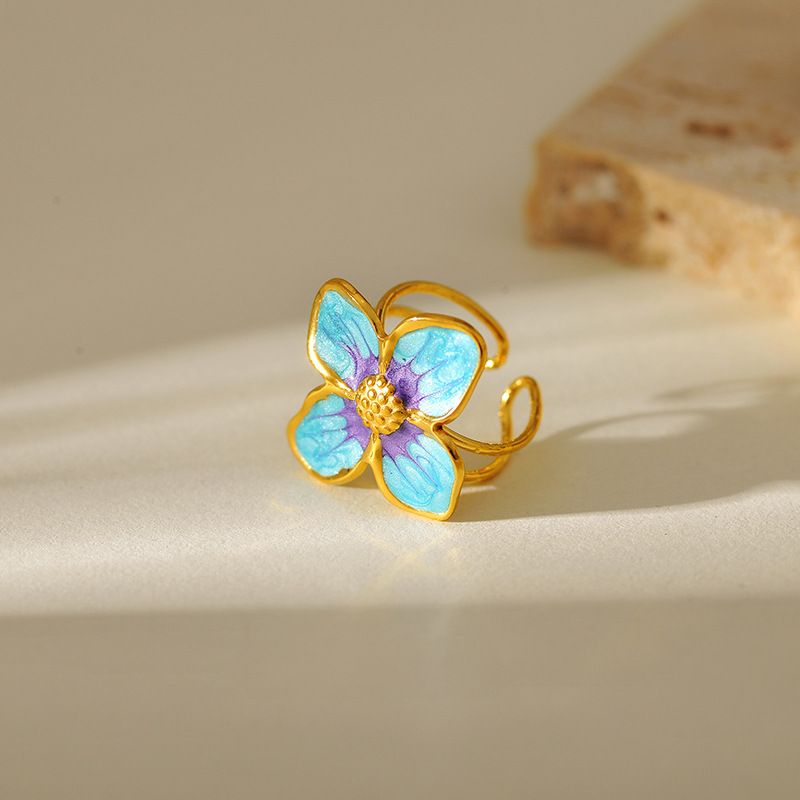Anello blu-viola con fiore di olio che gocciola, anello in acciaio inossidabile placcato oro versatile e alla moda personalizzato_voghion.com