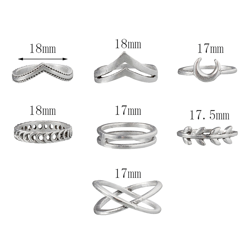 Qianbihe 7Pcs Compact Alloy Finger Rings Cross Moon Electroplate Leaf Shap Rings for Party_voghion.com