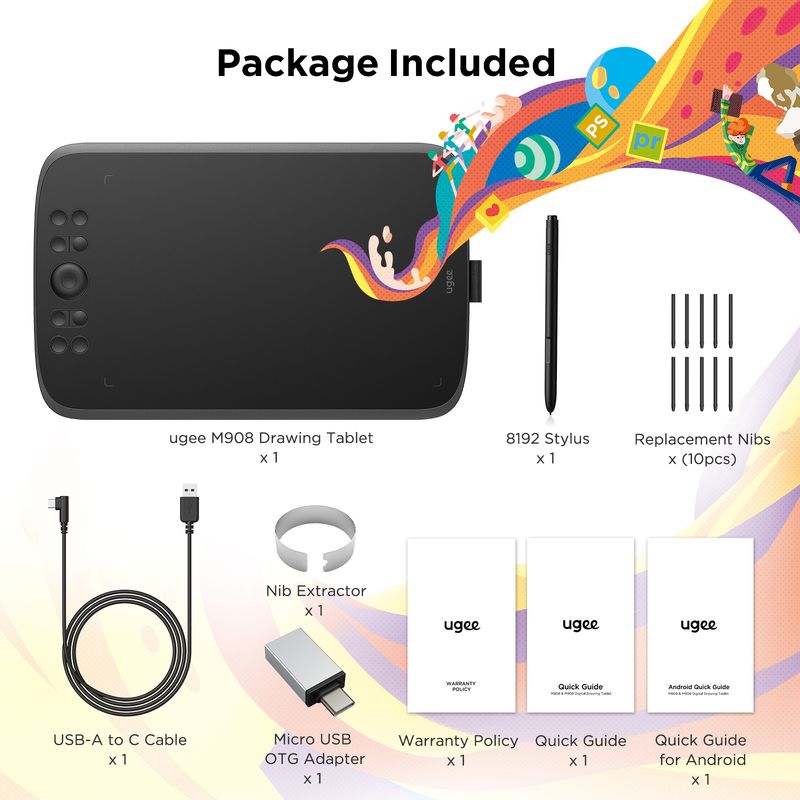 UGEE M908 Grafik-Zeichentablett 10 Zoll 8 Hotkeys Scrollrad 16K Druckstufen Kompatibel für Windows Android_voghion.com