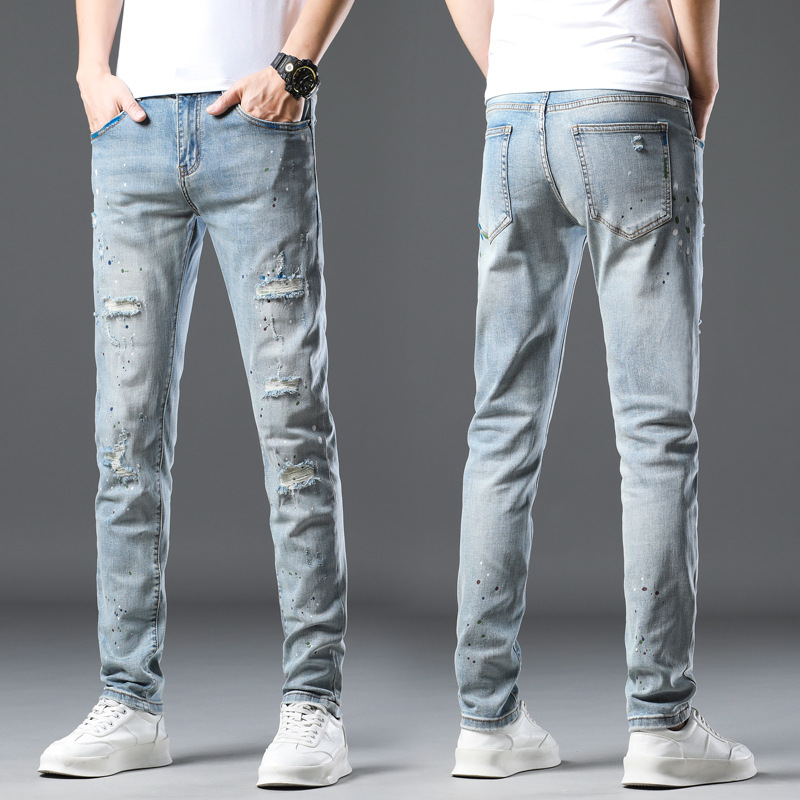 Painted trendy elastic youth distressed jeans slim fit spring/summer small leg denim men's pants_voghion.com