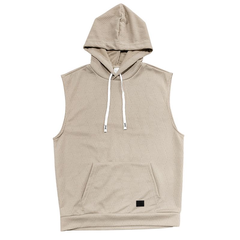 Felpa con cappuccio in maglia jacquard casual da uomo, senza maniche, con tasca applicata e coulisse_voghion.com