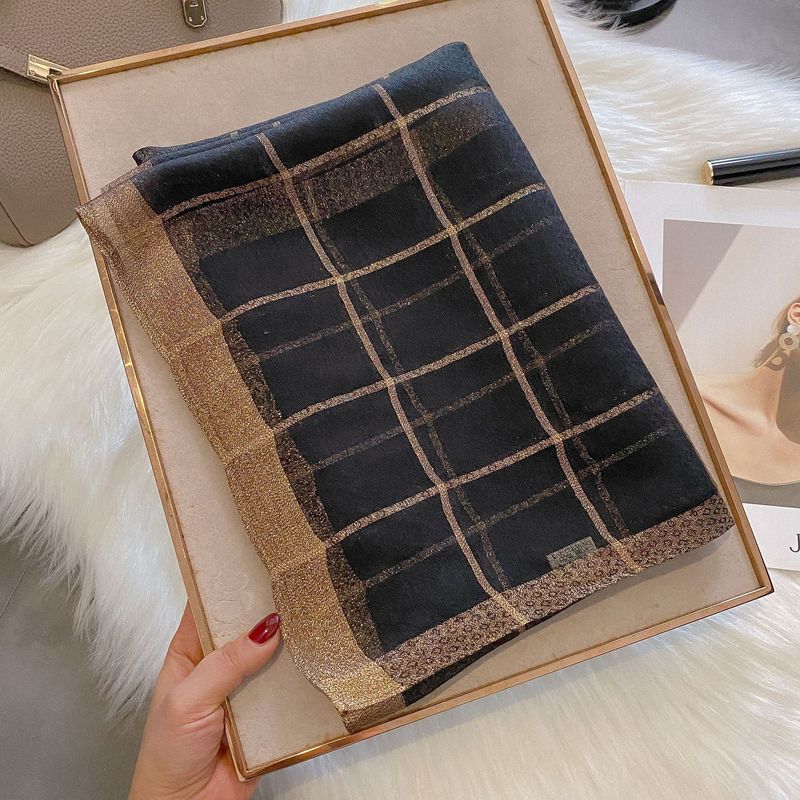 2023 Spring, Autumn, and Winter Double Layer Long Gold Thread Plaid High Grade Silk Scarf, Air Conditioned Shawl for_voghion.com