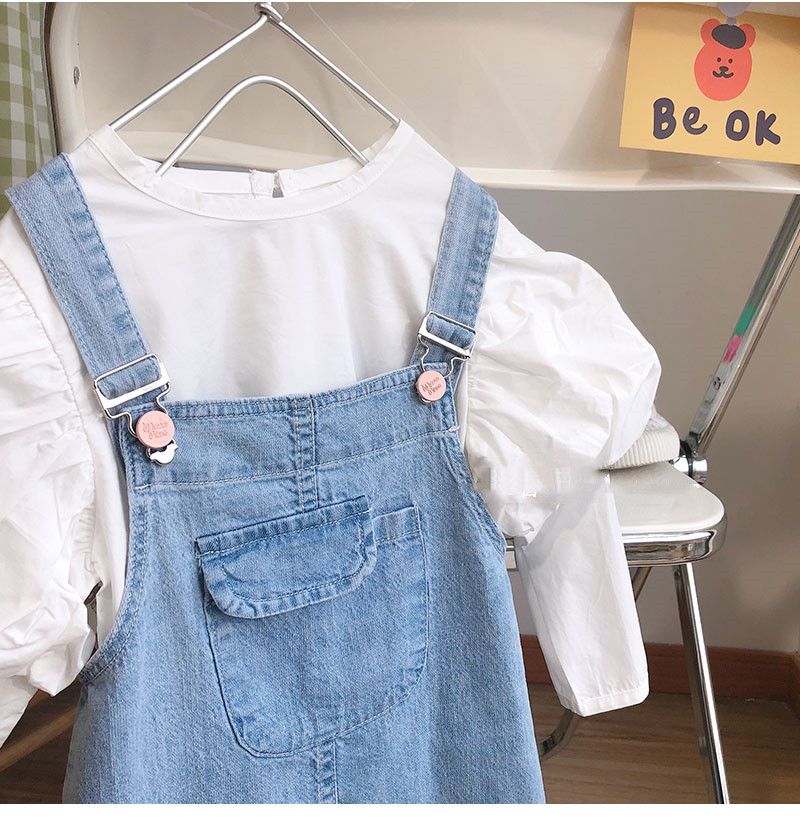 Abbigliamento per bambini, set da due pezzi per ragazze, top con maniche a sbuffo e tuta in denim con gonna_voghion.com