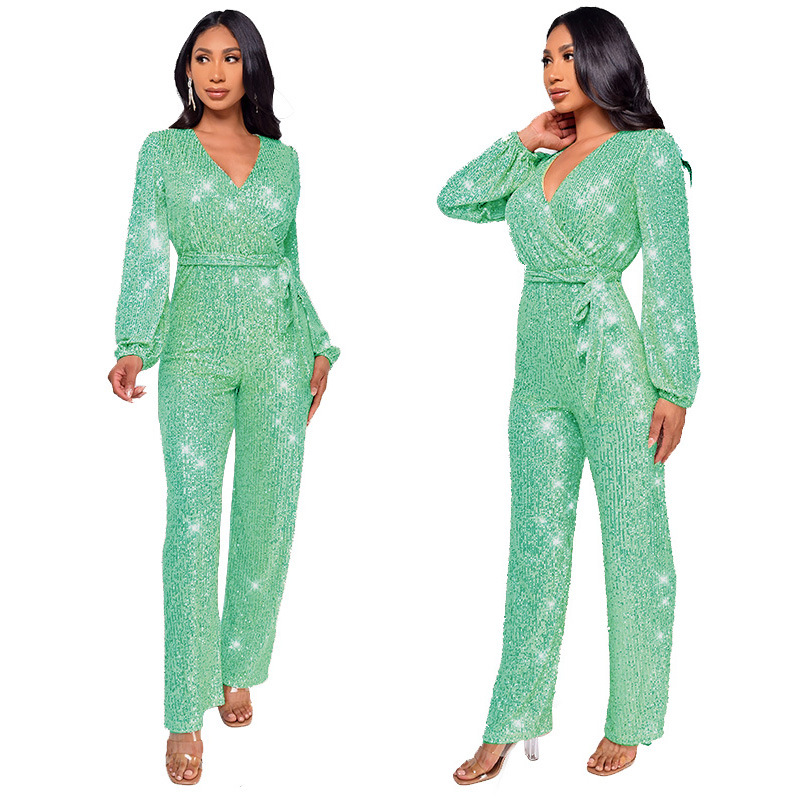Damkläder Ins Style Deep V Mode Casual Jumpsuit Långärmat Bälte Paljett Jumpsuit Dam_voghion.com