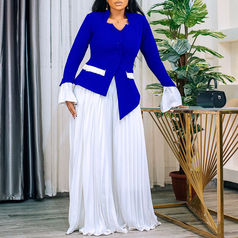 Women’s Clothing Spring New Fashion Trumpet Sleeve Top Pleated Wide Leg Pants African Two Piece Suit_voghion.com