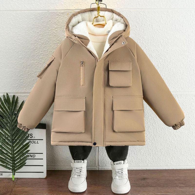 Winterjacke mit Fleecefutter für Jungen – Dicker, isolierter Mantel mit abnehmbarer Kapuze (Schwarz/Khaki)_voghion.com