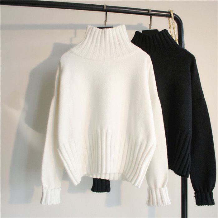 Pull en tricot surdimensionné pour femme, col haut, manches longues, décontracté, coupe ample, fil doux, chaud, hiver, noir et blanc_voghion.com