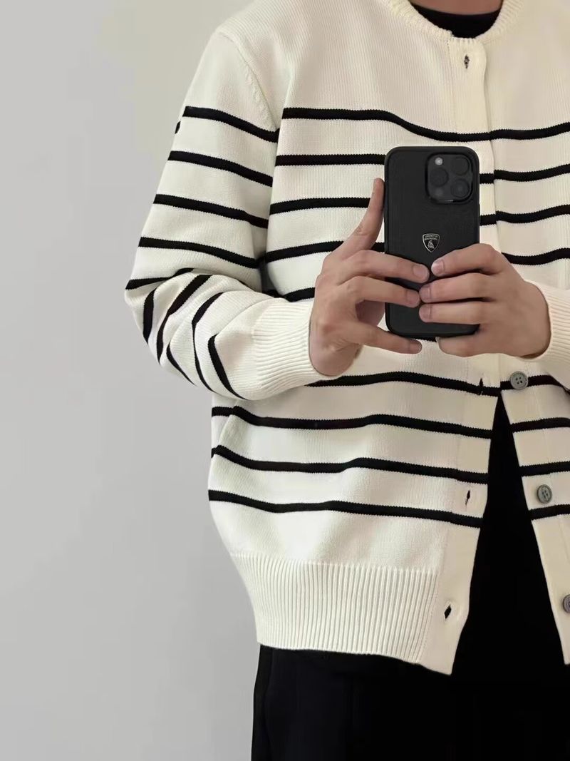 Gestreifter Damen-Strickpullover – Langärmliger, lässiger Mantel mit Knopfleiste vorne, offen, weich und bequem, trendiger College-Stil_voghion.com