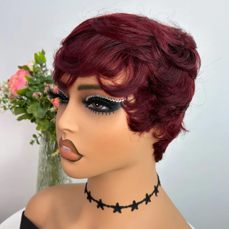 Korte Pixie Cut Straight Menselijk Haar Pruik Remy Haar Met Pony voor Vrouwen_voghion.com
