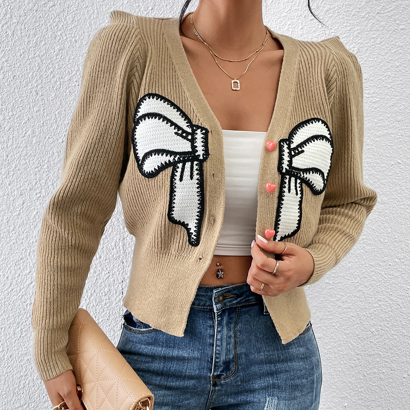 Neue Herbst- und Winterpullover für Damen mit InsV-Ausschnitt und Schleife, kurzer Strickjacke für Damen_voghion.com