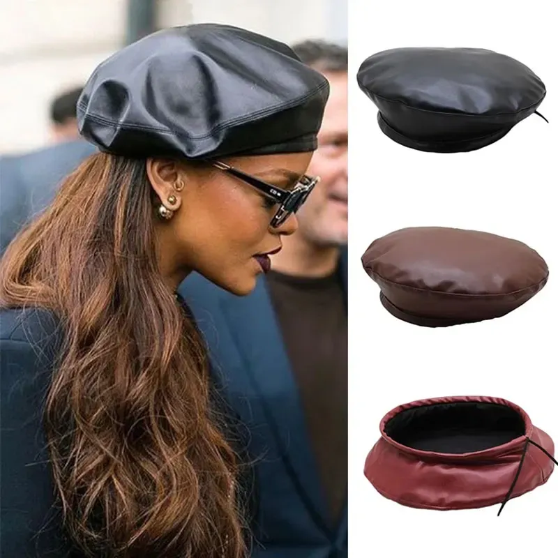 Fashion Women Girl French Artist Warm Wool Winter Beanie Hat Cap Vintage Plain Beret Hats Solid Color Elegant Lady leather Caps_voghion.com