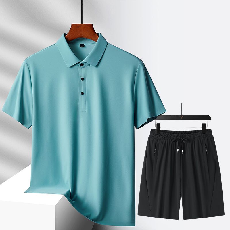 CT 2025 Novo Conjunto de Camiseta e Shorts Sem Costura de Seda Gelada para Homens, Cor Sólida, Polo Simples, Verão, Manga Curta Masculina_voghion.com
