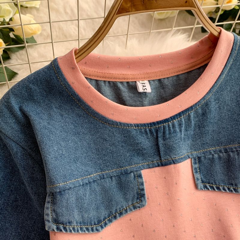 Casual Suit For Women 2025 Summer New Denim Patchwork Hot Diamond T Shirt Top + High Waist Slim Wide Leg Pants Two Piece Suit_voghion.com