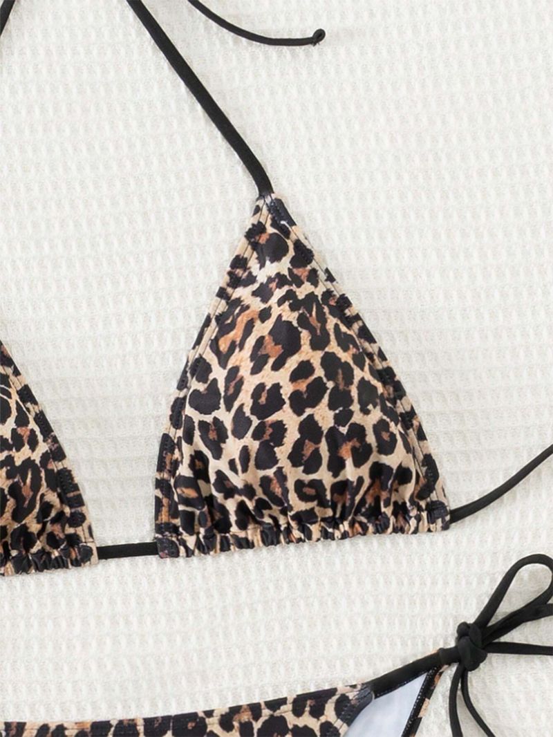 Women's Clothing Sexy Backless Swimsuit Women's Leopard Print Three Point Bikini Drawstring Swimsuit_voghion.com