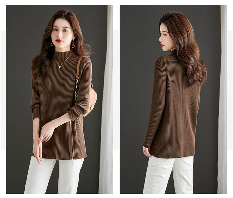 【 Família Cashmere 】 Suéter de gola alta semi-alta de outono de médio a longo com base de lã para mulheres, camada interna de malha solta e grossa_voghion.com