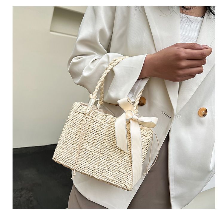 Women's Shoulder Bags Simple Hand-held Woven Bag, Handbag, Bow Tie Storage Basket, Woven Storage, Small Square Bag_voghion.com