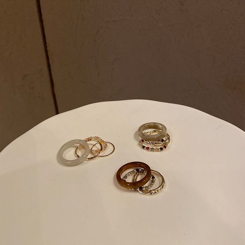 Set di 4 anelli impilati in metallo con motivo ambrato, moda autunno/inverno, di nicchia, alla moda e personalità_voghion.com