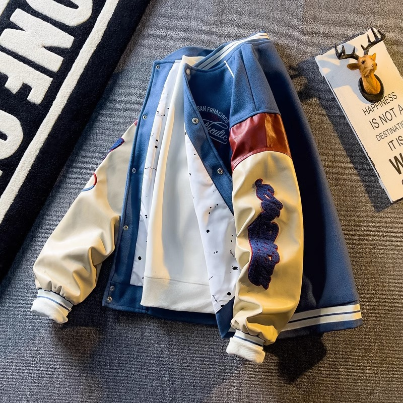 Spring And Contrast Color American Embroidered Leather Sleeve Coat Men's Korean Style Trend Baseball Suit Autumn Casual_voghion.com