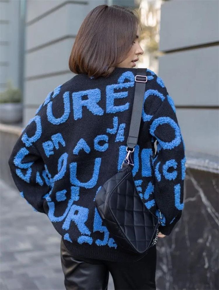 Vêtements pour femmes nouvelle automne et hiver col rond pull tricoté à manches longues veste pour femme pull chaud épais lettre décontracté_voghion.com
