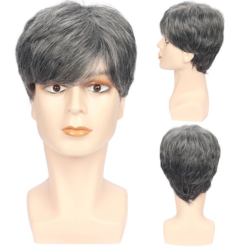 Synthetic Clip-in Men's Gray Side Parted Short Straight Hair Chemical Fiber Headpiece Multi Layered Natural Wig_voghion.com